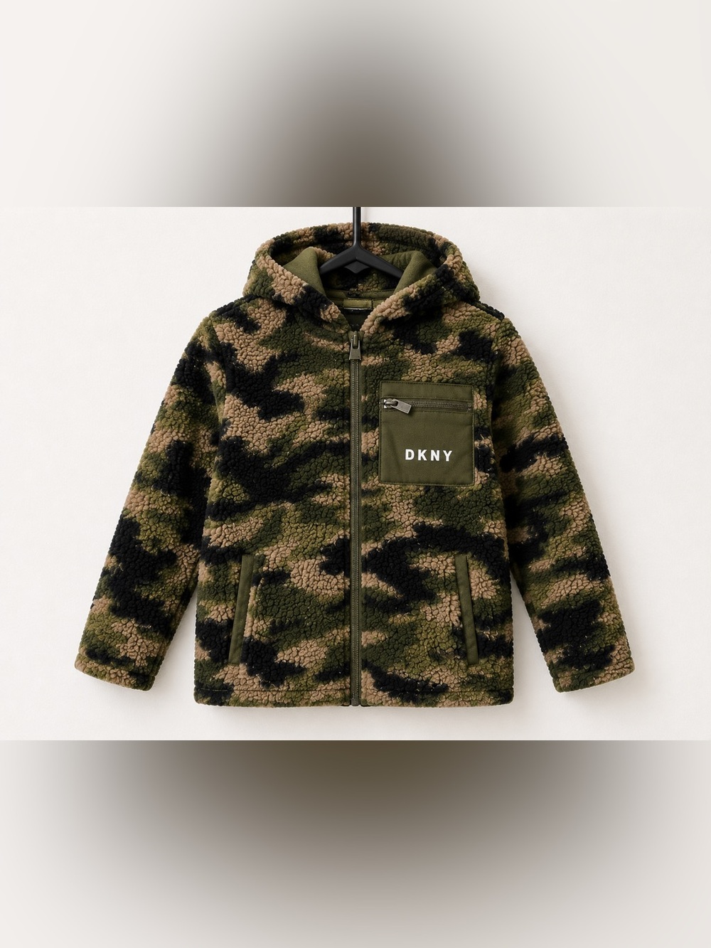 DKNY Boys Camo Sherpa Fleece Jacket | Green Brown Camouflage | Size 6